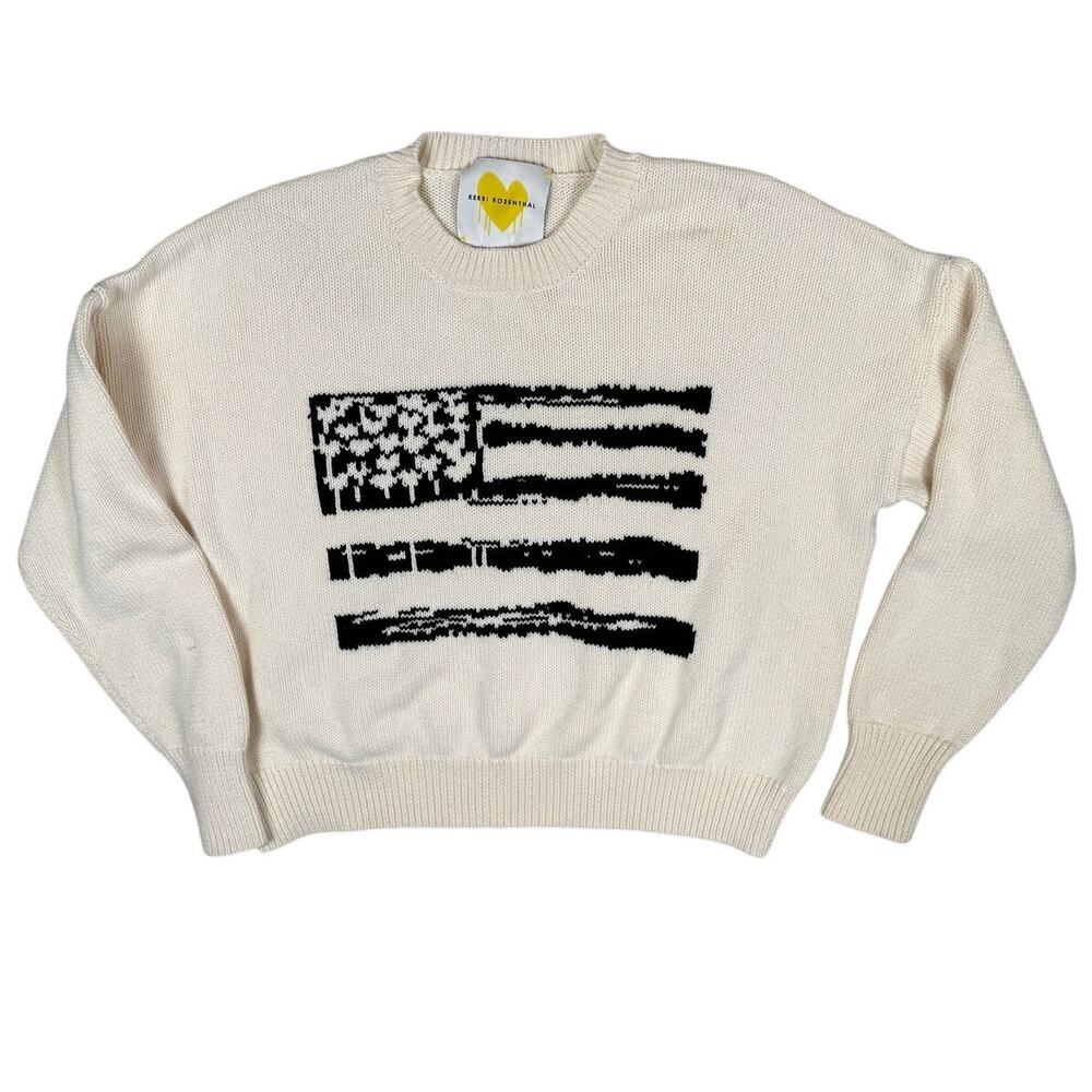 Kerri Rosenthal Flag Coastal USA Knit Logo Sweater Cotton Cashmere Cream S